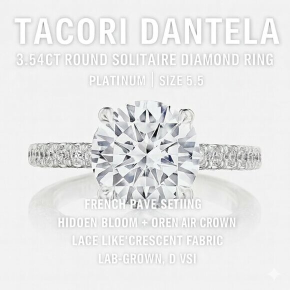 Tacori Jewelry - Tacori Dantela 3.54ct Round Solitaire Diamond Ring | Platinum | Size 5.5